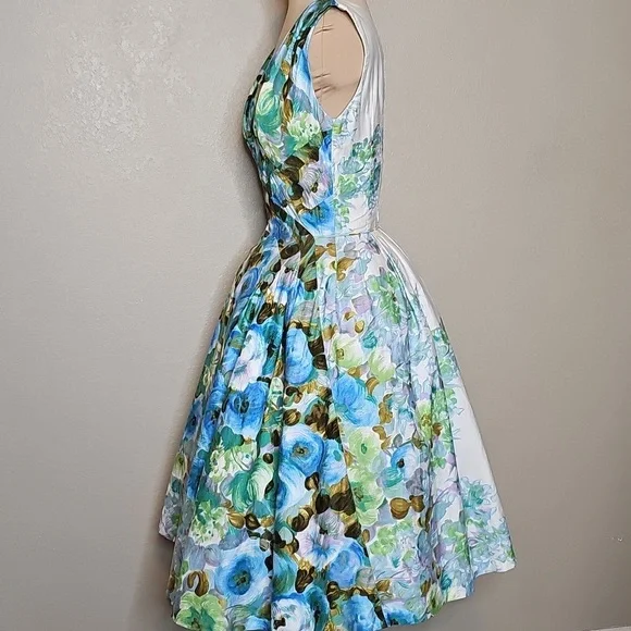 True Vintage Alix Of Miami 1950s Fit And Flare Floral Dress Blue, Green Cupcake - Picture 7 of 17